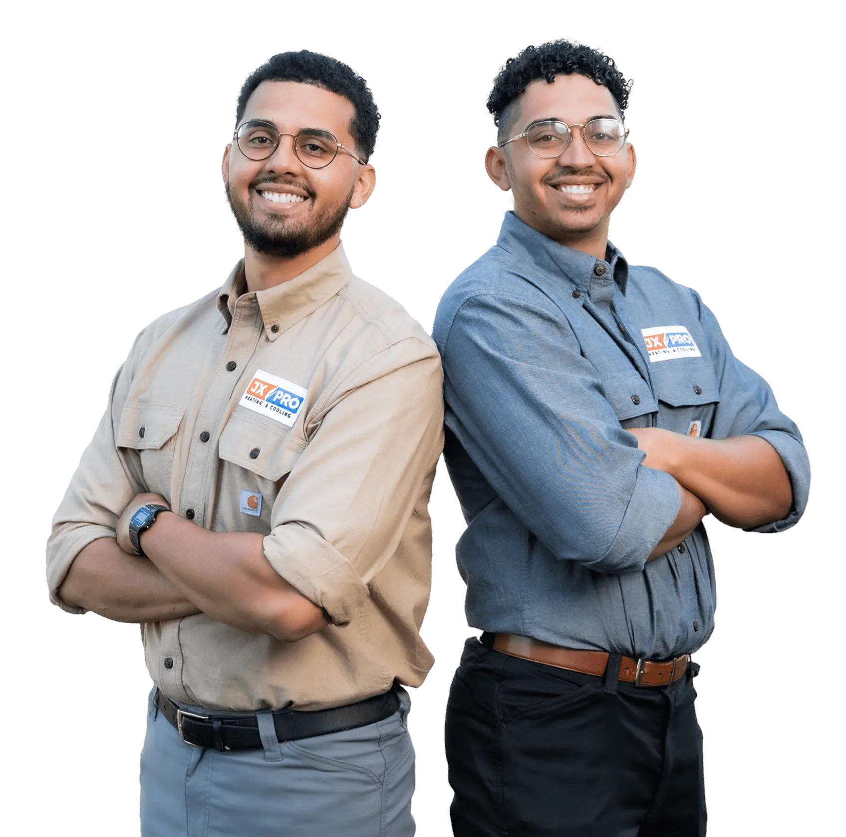 JX Pro Heating and Cooling technicians in branded uniforms