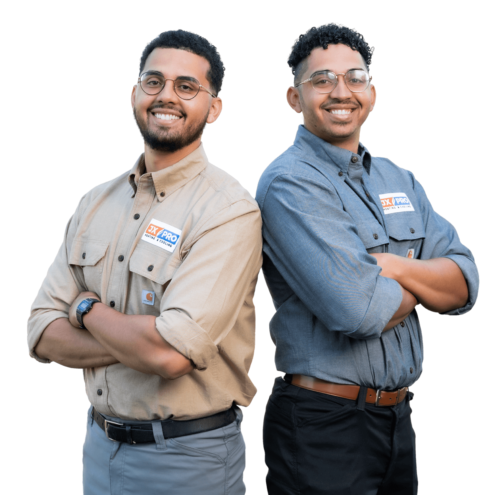 JX Pro Heating and Cooling technicians in branded uniforms